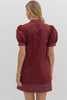 Burgundy v neck puff sleeve dress by Entro