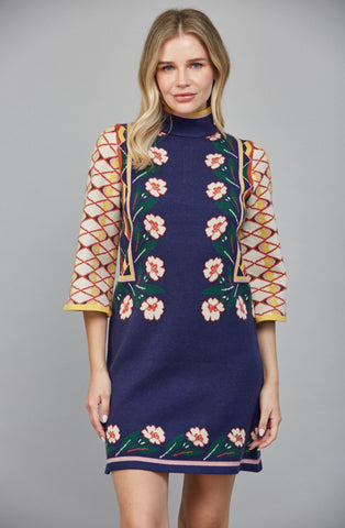 Navy and floral high neck knit sweater dress by fate