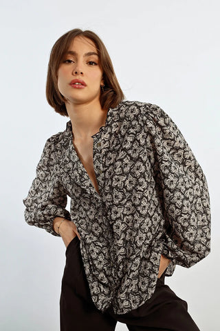 Black and taupe button down top with bling by Molly Bracken