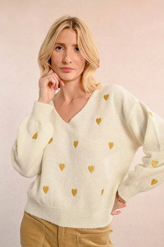 Off white sweater embroidered gold hearts by Molly Bracken