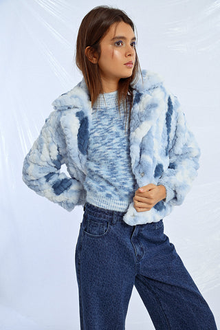 blue white faux fur jacket by Molly Bracken