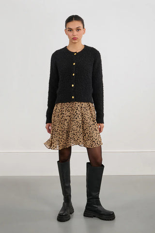 Black boucle cardi with gold buttons by Molly Bracken