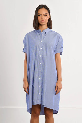 Blue and white striped button down dress by Molly Bracken
