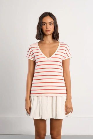 V Neck Tee Pink Red Stripe by Molly Bracken