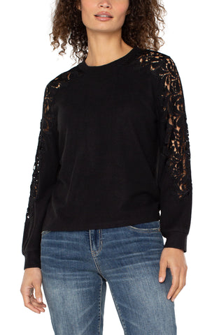 Long sleeve crew neck lace inset knit top black by Liverpool