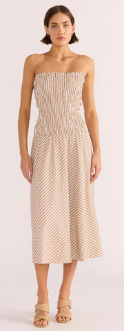 Artemis shirred midi dress tan stripe by Mink Pink