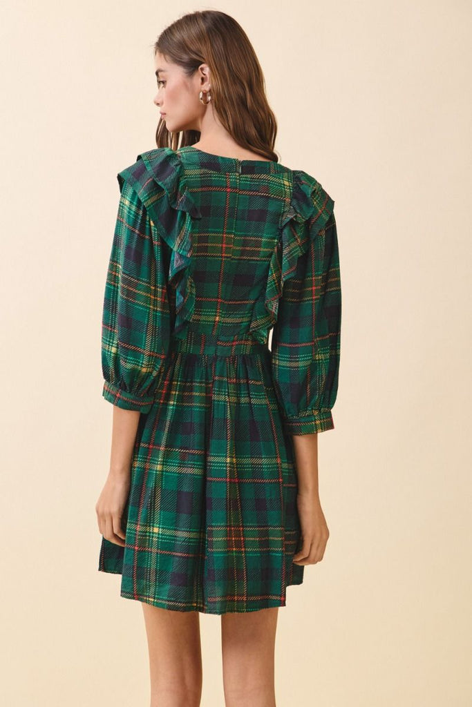 Green plaid ruffle v mini dress by TCEC Large Green plaid ruffle v mini dress by TCEC Large