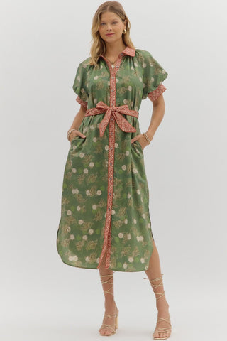 Olive floral midi rust trim by Entro