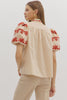 Ecru puff sleeve top rust embroidery by Entro