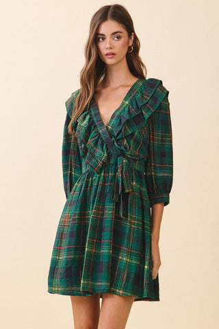 Green plaid ruffle v mini dress by TCEC