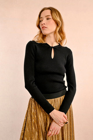 fancy neckline knit sweater in black by Molly Bracken