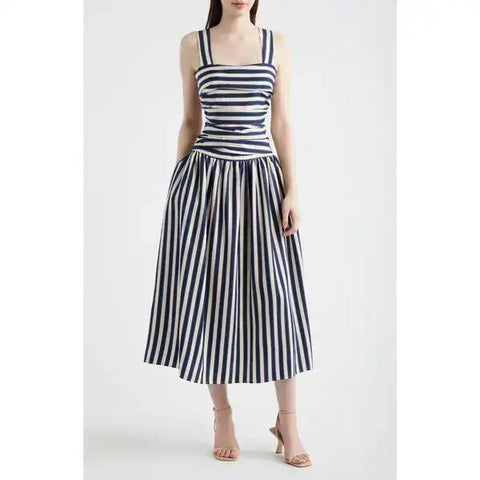 Georgie gathered dress navy stripe by Lucy Paris