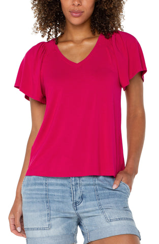 Short flutter sleeve v neck knit top in cerise by Liverpool
