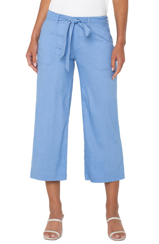 Belted wide leg crop chambray blue pant by Liverpool