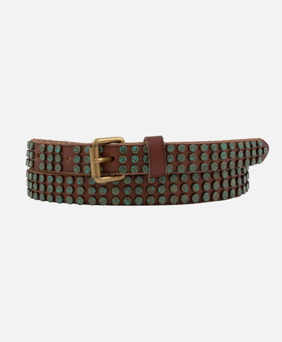 Leather belt with turquoise patina studs cognac by Amsterdam Heritage