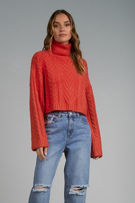 Cable Knit Cropped Sweater in Red by Elan