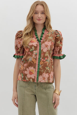 Brown and pink floral blouse by Entro