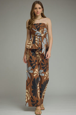 Strapless floral top and pant set brown by Entro