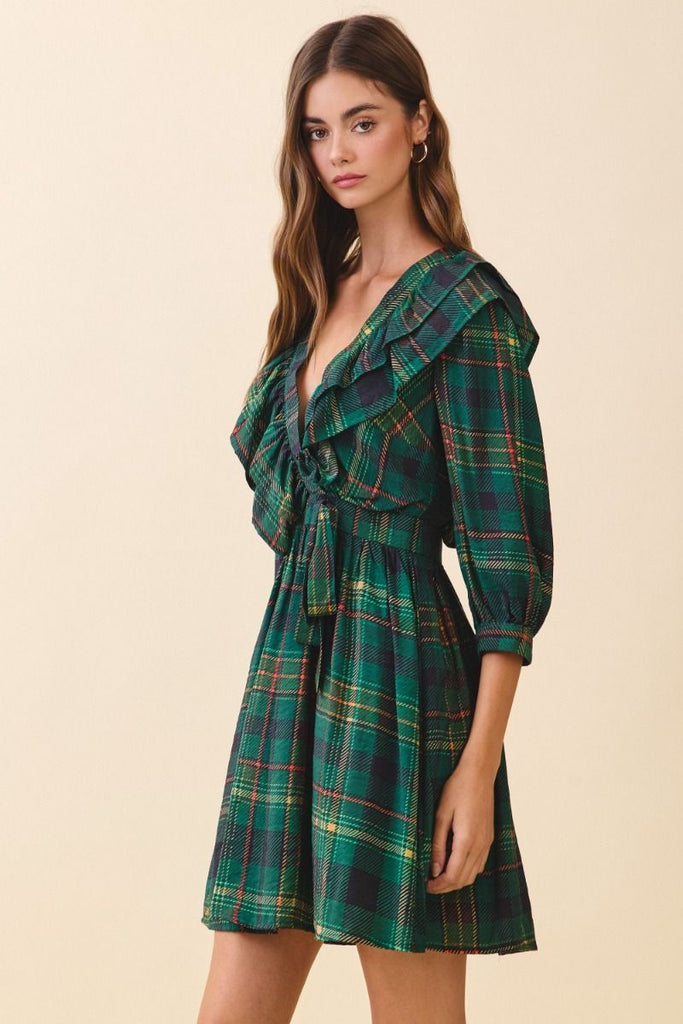 Green plaid ruffle v mini dress by TCEC Large Green plaid ruffle v mini dress by TCEC Large