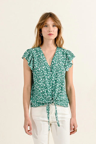 Printed blouse tied at front in green Diane by Molly Bracken