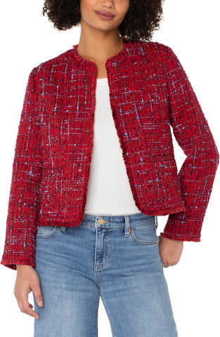 Collarless jacket frayed hem red multi by Liverpool