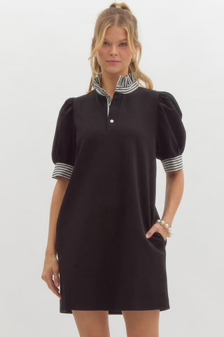 Casual dress with seersucker collar and sleeve black by Entro