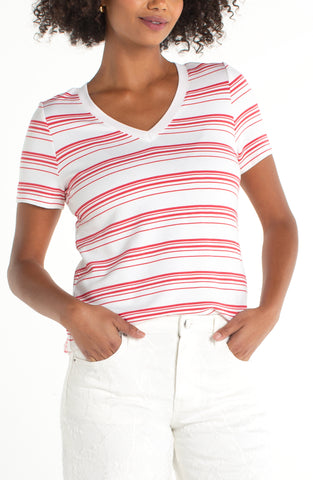 Short sleeve v neck knit tee white cherry rose stripe by Liverpool