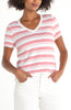 Short sleeve v neck knit tee white cherry rose stripe by Liverpool