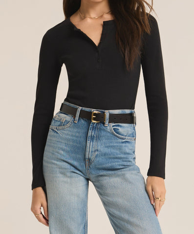 Samara Rib Henley Bodysuit in Black by Z Supply