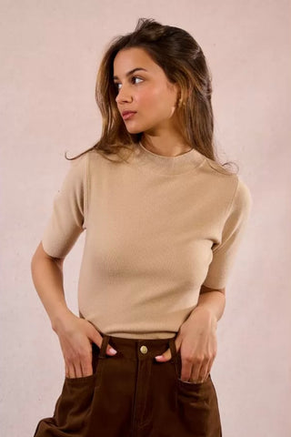 Short sleeve mock neck sweater beige by Molly Bracken