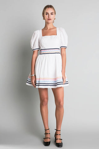 Poplin mini dress with ric rack trim in white by English Factory