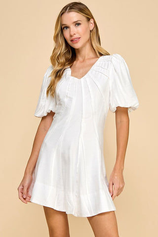 Puff sleeve v neck white mini by TCEC