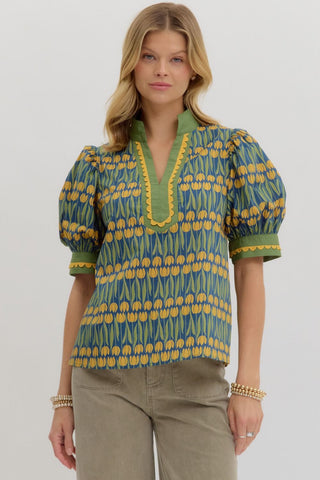 Green tulip puff sleeve top by Entro