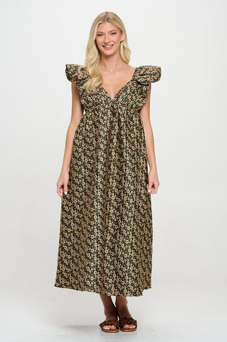 Gold daisy jacquard maxi dress by Meet Me in Santorini