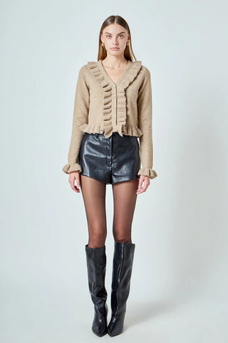 Ruffled v neck cardigan tan by Endless Rose