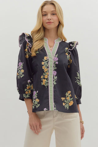 Black purple floral top by Entro