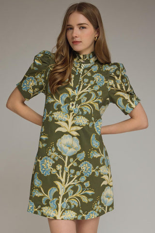 Olive and blue floral print mini dress by Entro