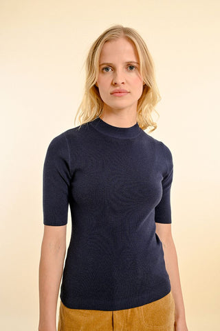 Mock neck short sleeve sweater in navy  Molly Bracken