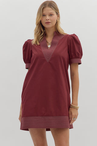Burgundy v neck puff sleeve dress by Entro