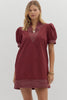 Burgundy v neck puff sleeve dress by Entro