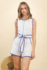 White zip up romper with blue trim by TCEC