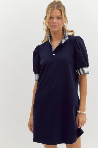 Casual dress with seersucker collar and sleeve navy by Entro