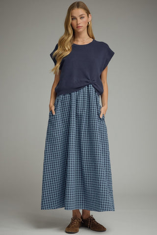 Navy sweater and gingham dress set by Entro