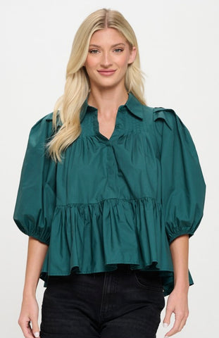 Hunter green poplin blouse by Meet Me in Santorini