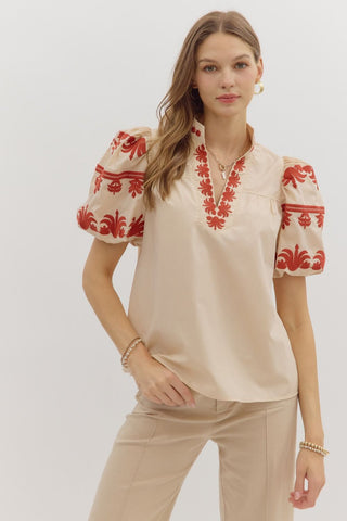 Ecru puff sleeve top rust embroidery by Entro