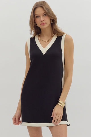 Black v neck dress cream trim by Entro