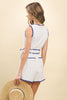White zip up romper with blue trim by TCEC