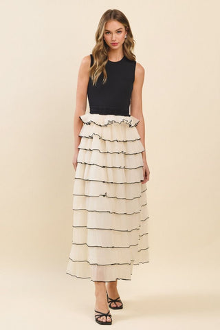 Cream and black tulle ruffle maxi by TCEC