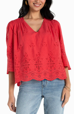 3/4 sleeve v neck eyelet top cherry rose by Liverpool