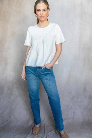 Contrast knit and poplin asymmetrical blouse by Before You